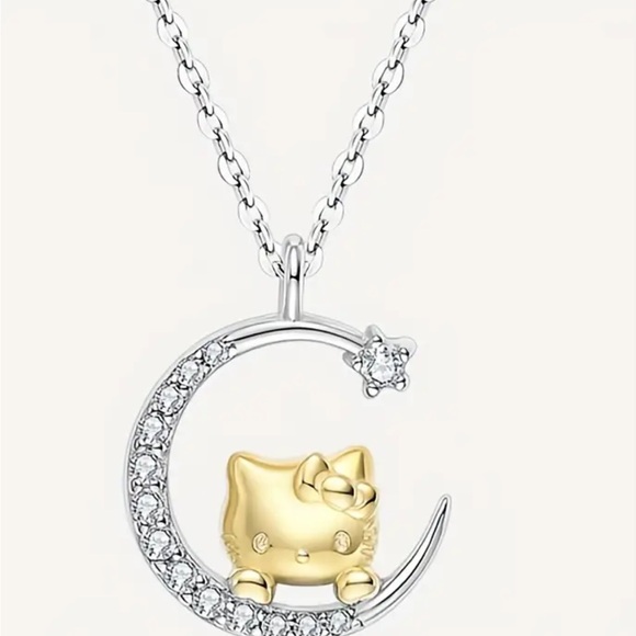 925Silver Hello Kitty Moon Necklace, Crescent Moon Hello Kitty Necklace - Picture 6 of 8